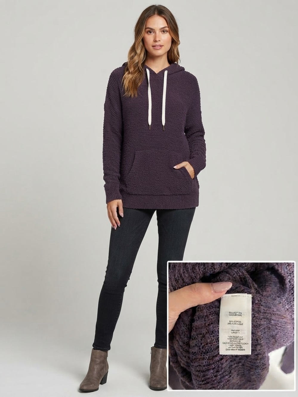Natural Reflections Plush Hooded Pullover in Deep Plum with Cream Drawstrings